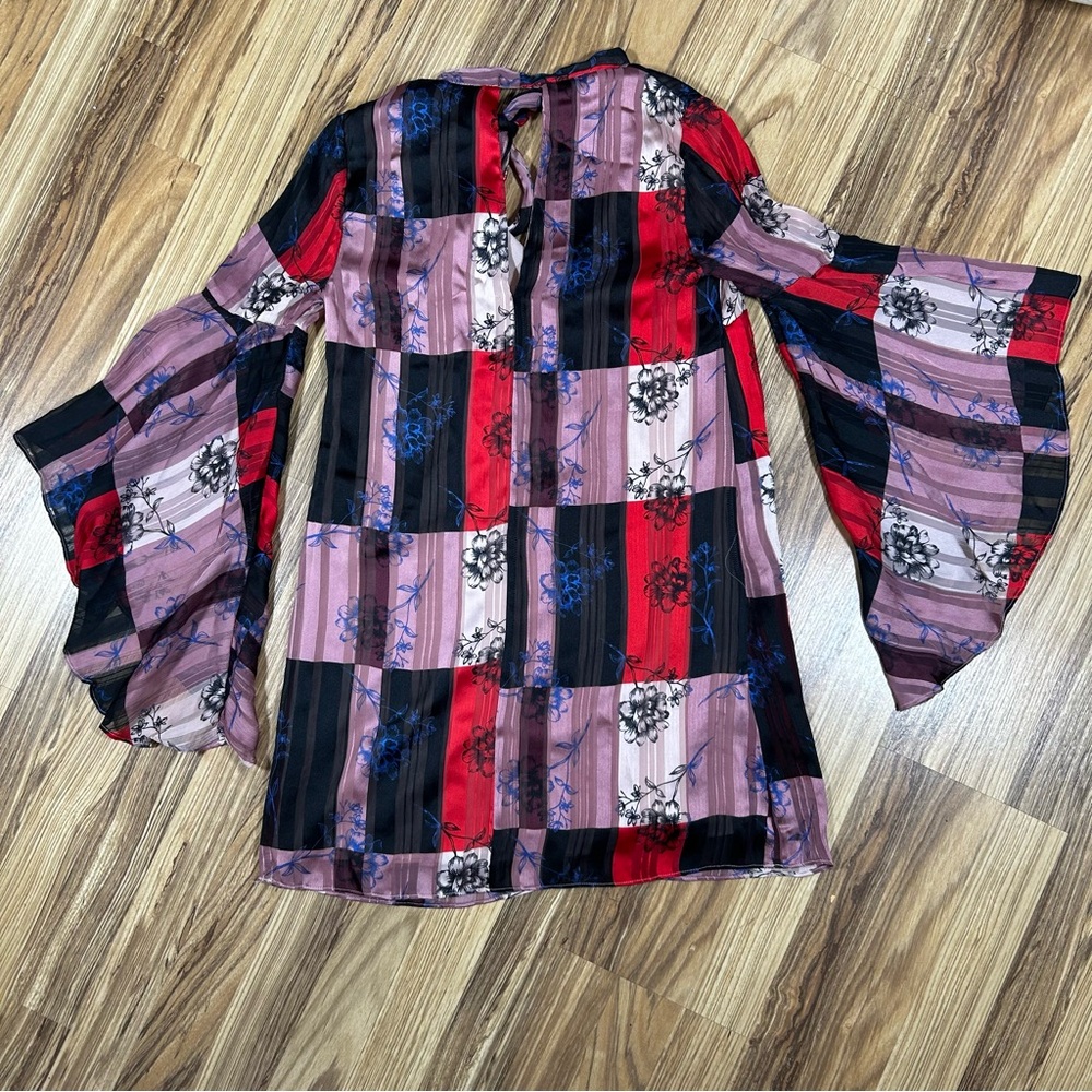 BCBGeneration Tunic Boho Dress Size XXS Colorblock Floral Bell Sleeves A Line